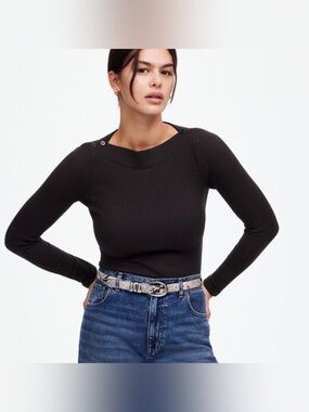 Madewell Boatneck Women’s Black Ribbed Long-Sleeve Top with Button Shoulder XL